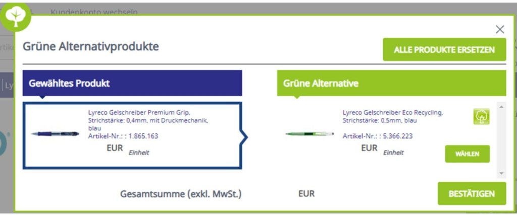 Mit der Funktion „grüne Alternativen anzeigen“ können Sie im Lyreco Webshop Ihren Warenkorb durch nachhaltigere Produktalternativen ersetzen und somit einen bewussten Einkauf tätigen.