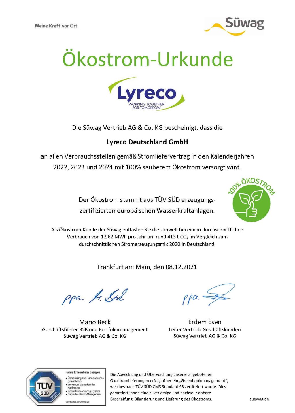 Ökostrom-Urkunde Lyreco Deutschland GmbH (2022, 2023, 2024).