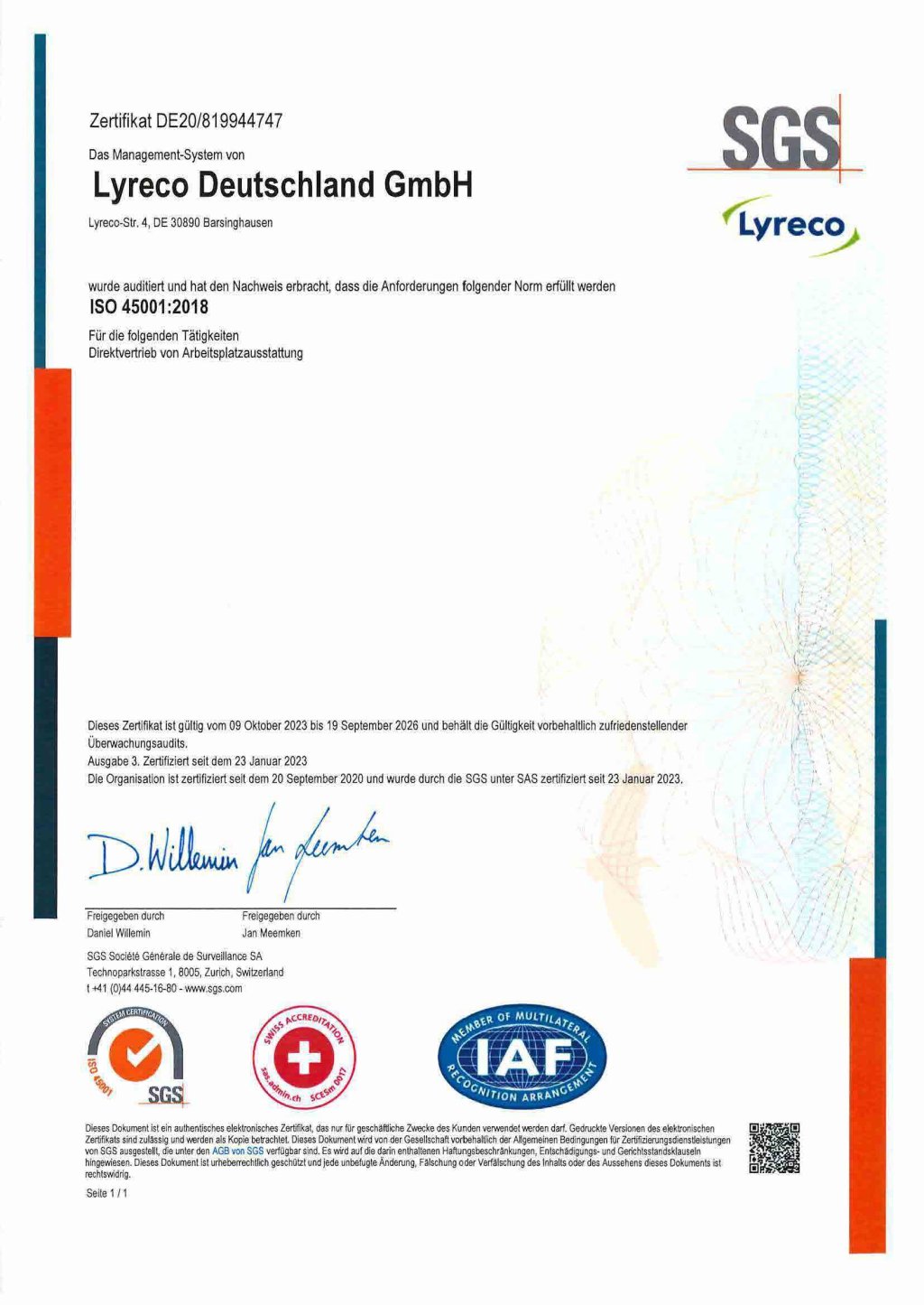 ISO 45001 Arbeitsschutzmanagement Zertifikat Lyreco Deutschland.