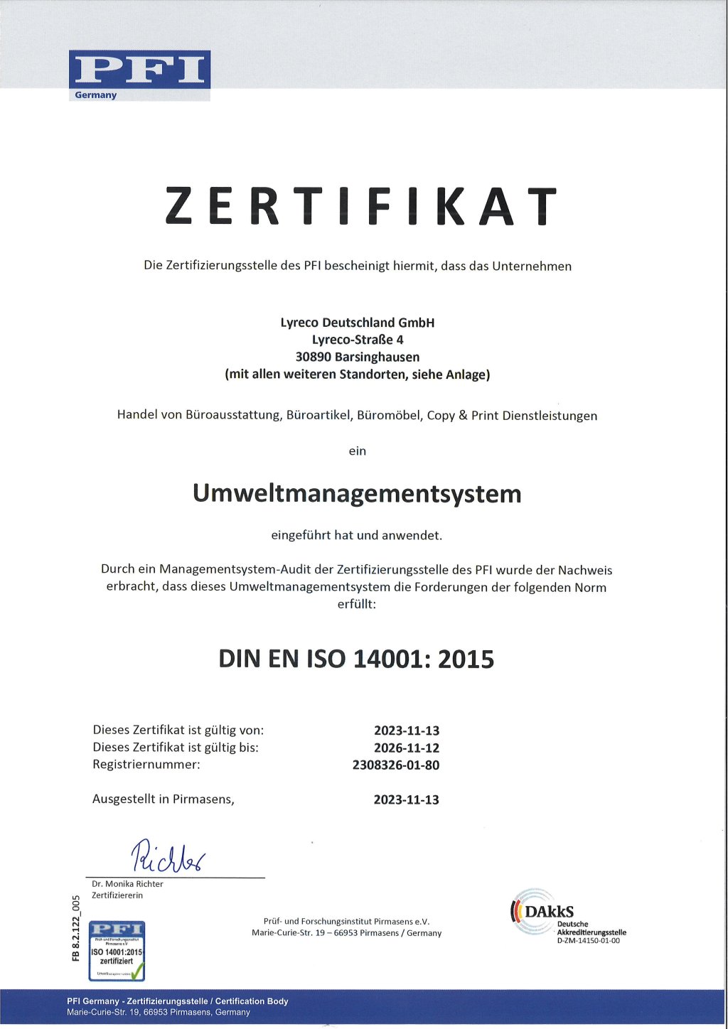 ISO 14001 Umweltmanagementsystem Zertifikat Lyreco Deutschland.