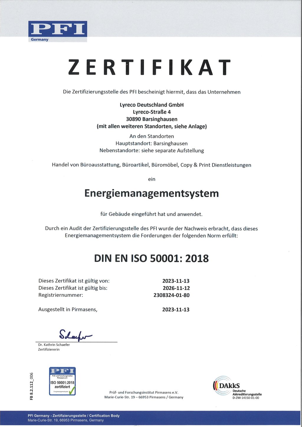 ISO 50001 Energiemanagementsystem Zertifikat Lyreco Deutschland.
