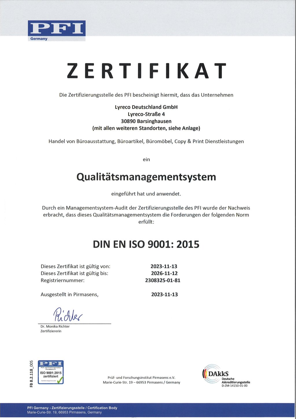 ISO 9001 Qualitätsmanagementsystem Zertifikat Lyreco Deutschland.