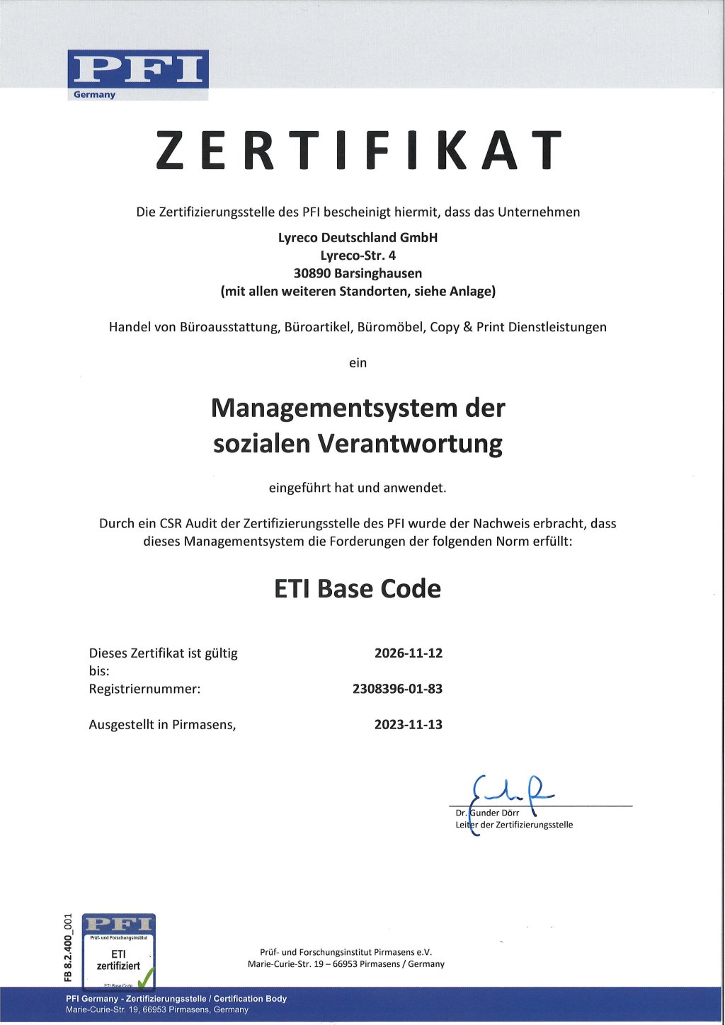 ETI Management der sozialen Verantwortung Zertifikat Lyreco Deutschland.