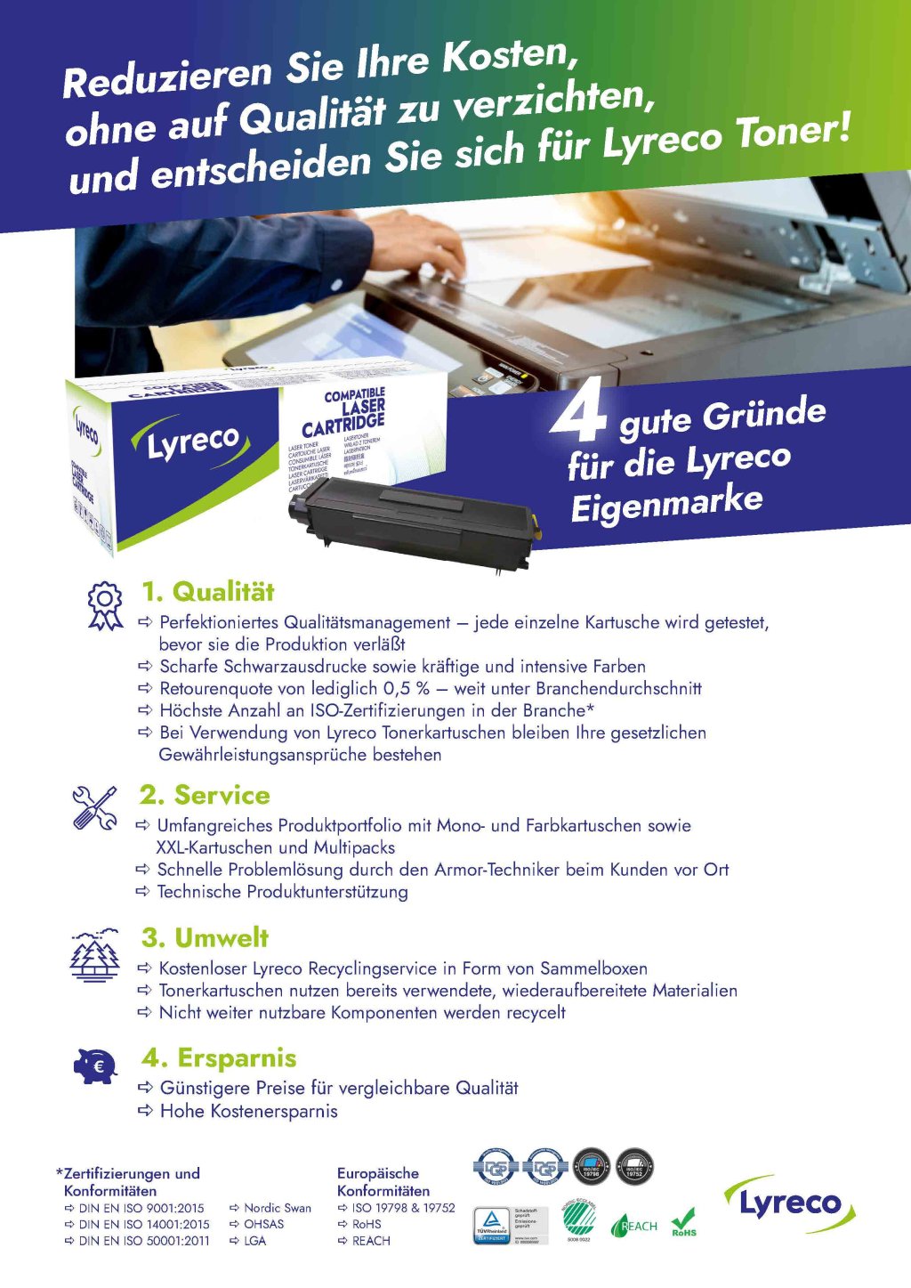 Cover des Flyers für Toner der Lyreco Eigenmarke 2024, welches im Detail die Vorteile für Toner der Lyreco Eigenmarke beschreibt. Cover zeigt Toner von Lyreco.