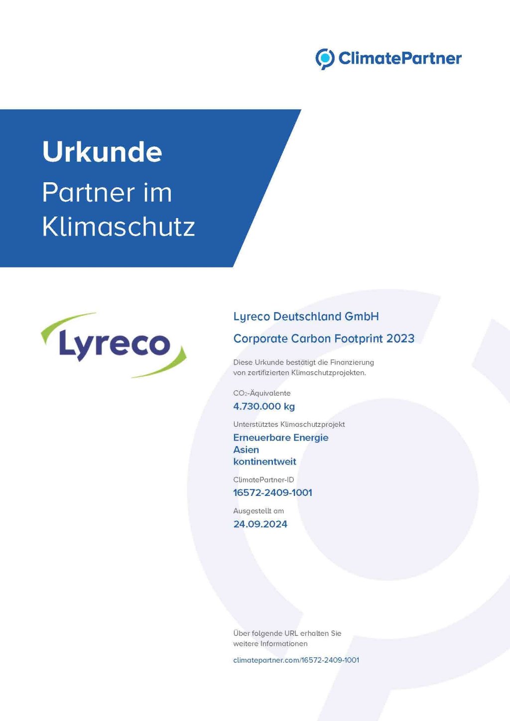 Ausgestellte Urkunde 2024 von ClimatePartner für Lyreco Deutschland, die bestätigt, dass Lyreco zertifizierte Klimaschutzprojekte unterstützt und seine CO2-Emissionen finanziell kompensiert.