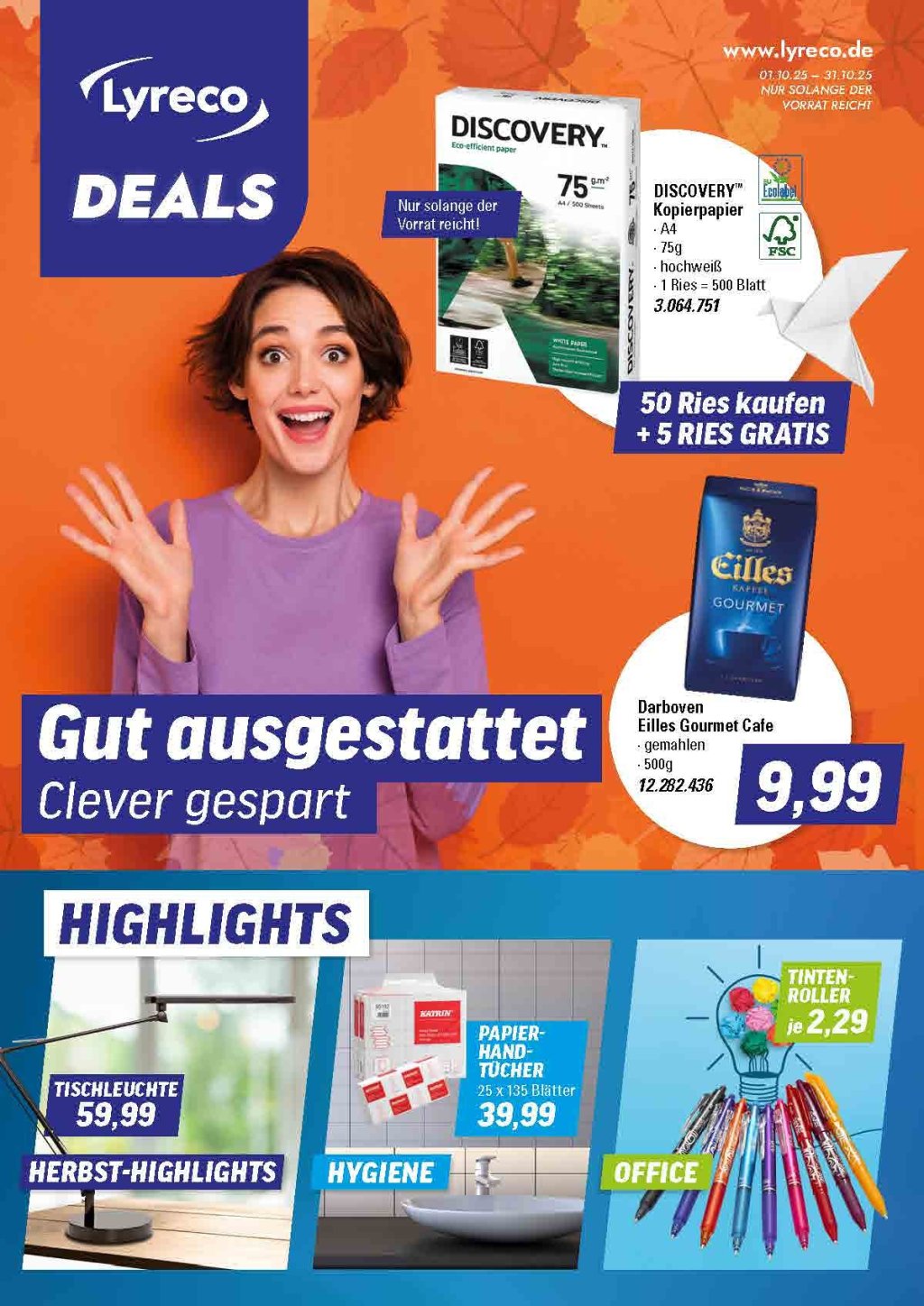 Cover des Lyreco Deals Flyers für Oktober 2025, mit den Produkten man gut für den Herbst im Büro ausgestattet ist.