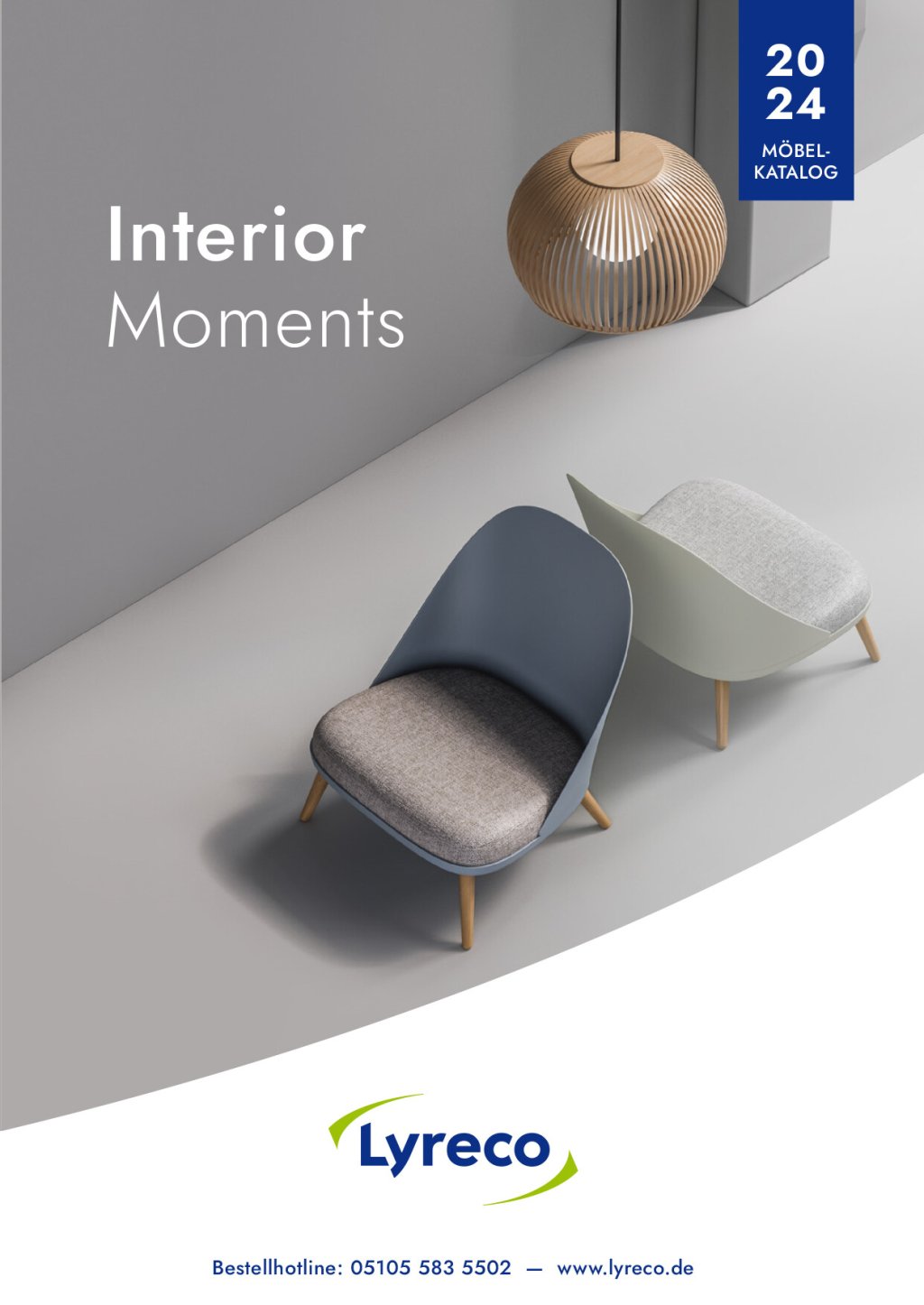 Coverbild des Lyreco Interior Moments Katalogs 2024. Grauer Hintergrund mit modernen Stühlen für das Büro.