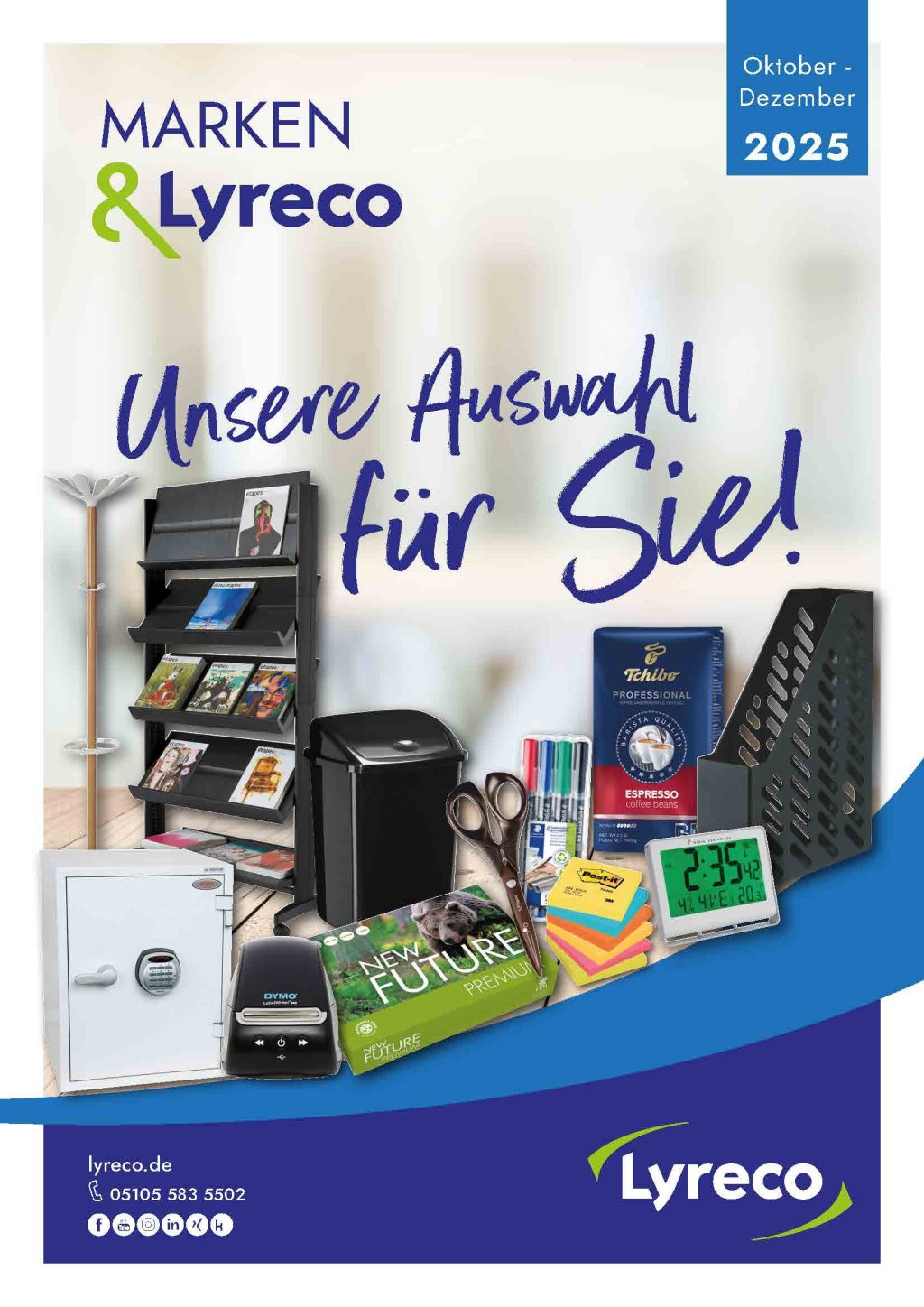 Diverse Büroprodukte auf dem Cover der Marken & Lyreco Broschüre für das Quartal 4 in 2025.